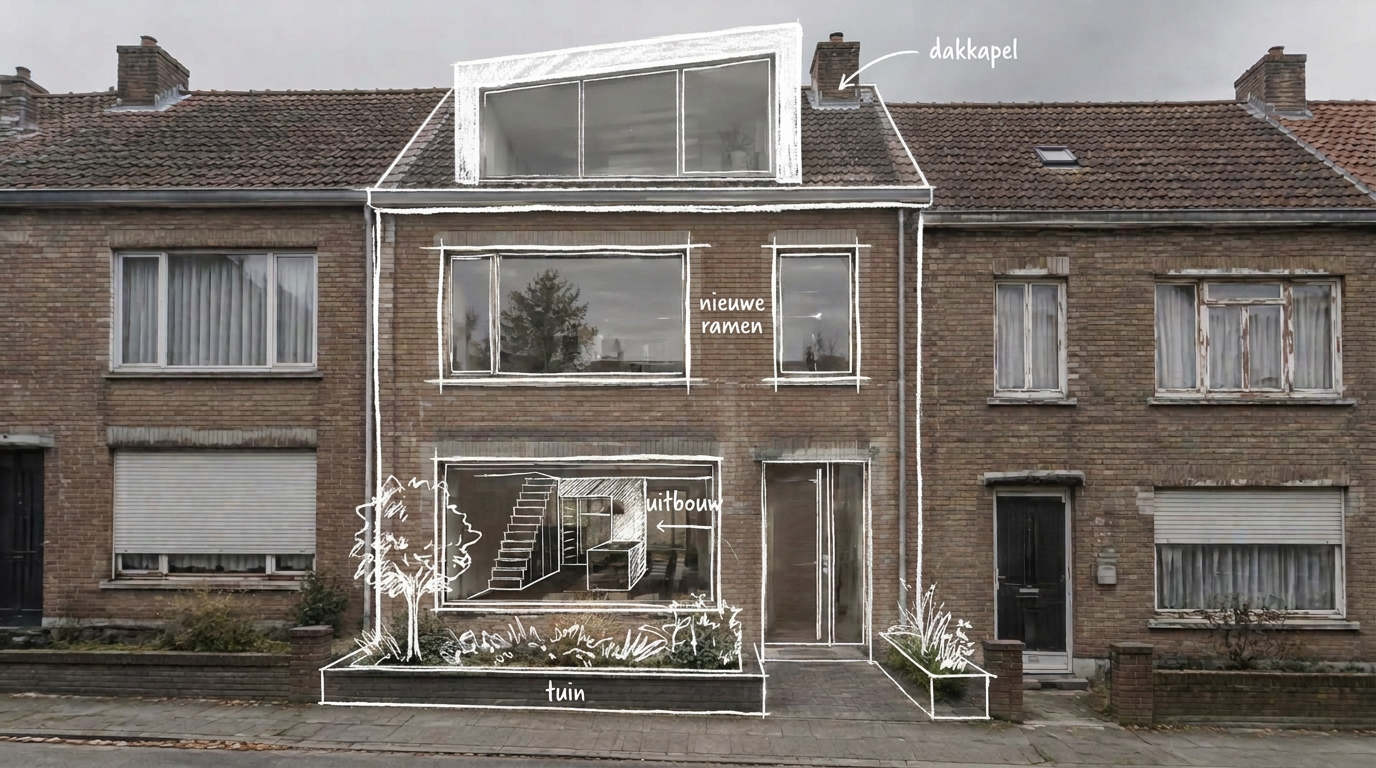 Gedateerde Belgische rijwoning met een handgetekende schets van wat ze kan worden