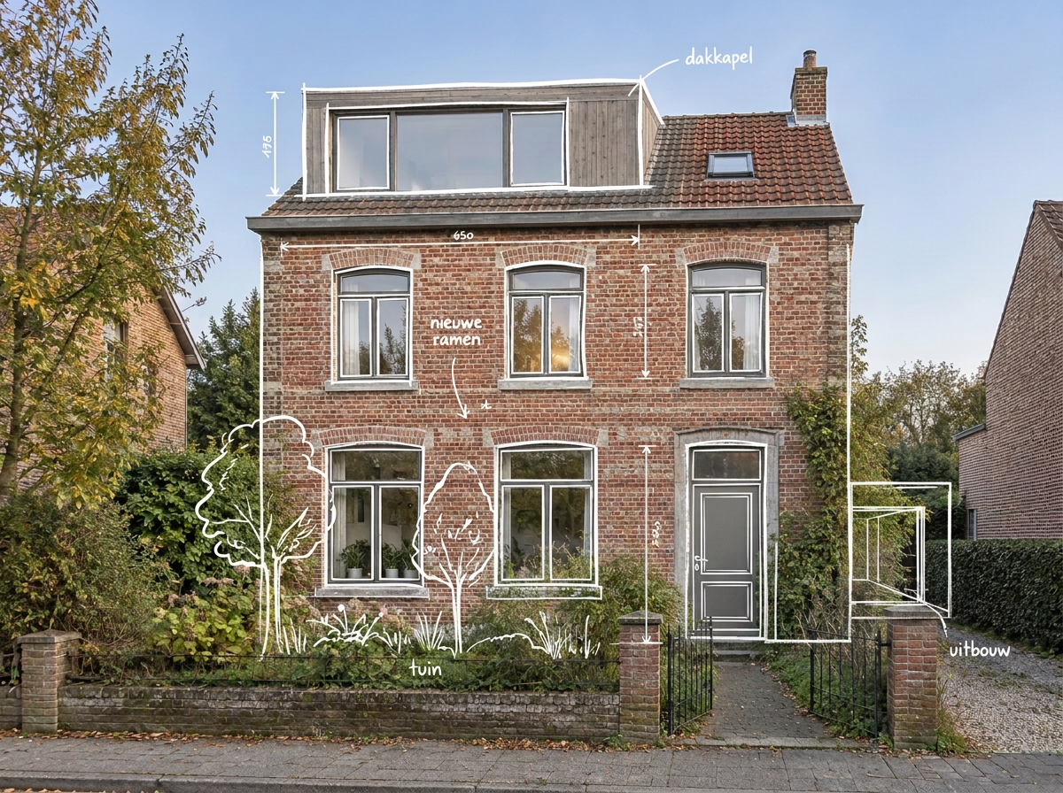 Gedateerde Belgische woning met witte architectuurschets van een mogelijke renovatie